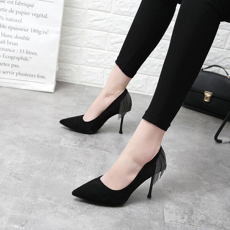 Pointed High Heels Female Spring and Summer Stiletto French Girl Sexy Black High Heels with Fringed Fringe