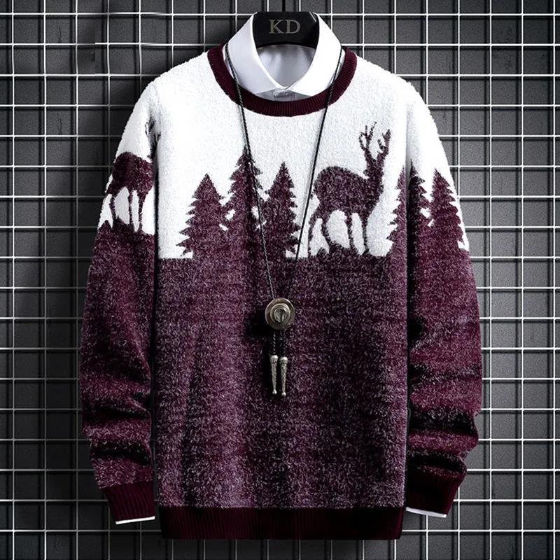 WTEMPO Men Christmas Sweater Elk Print Sweater Soft Casual Knitted Sweater Winter Thicken Warm Pullover