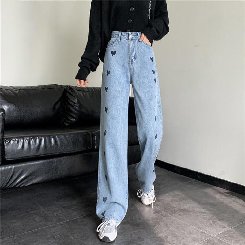 WTEMPO Heart-shaped Women's High Loose Casual Washed Denim Waist Wide Leg Pants Straight-leg Pants Super Long