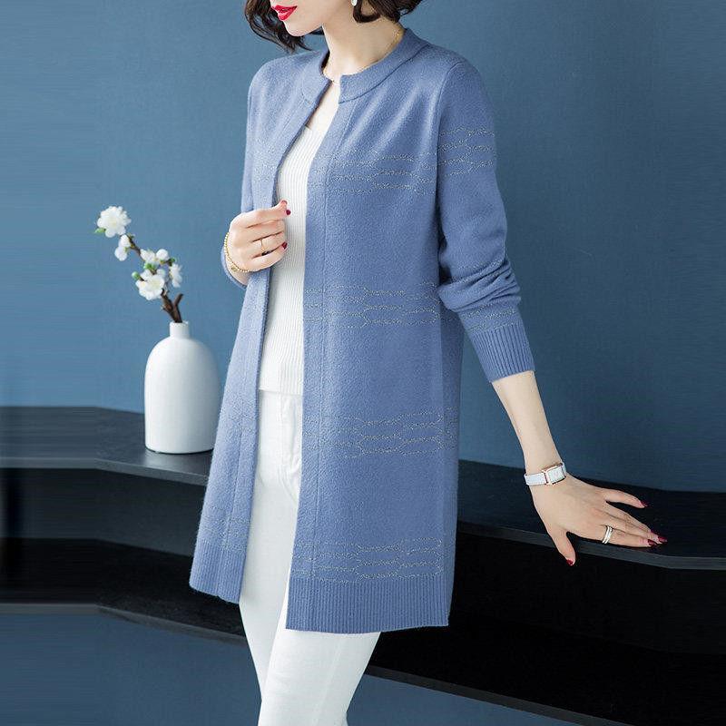 Autumn and Winter Long Loose Sweater Bright Silk Round Neck Woolen Coat Casual Simple Middle-aged Women's Jacket