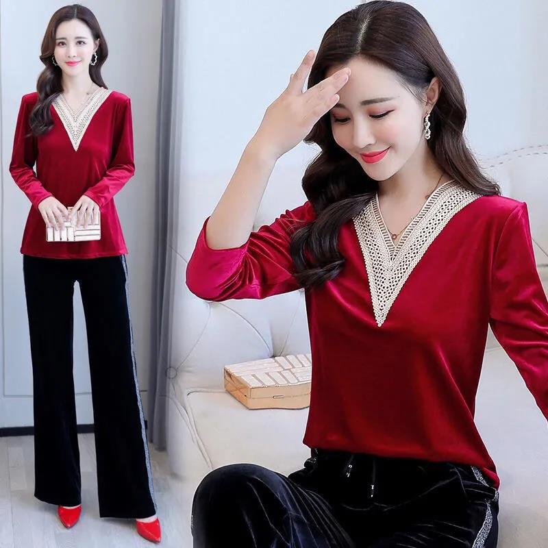 Women Sexy V-neck Golden velvet Office Blouse Elegant Long Sleeve Wild Basic Shirts Vintage Casual Ladies Top Spring Fall Pullover