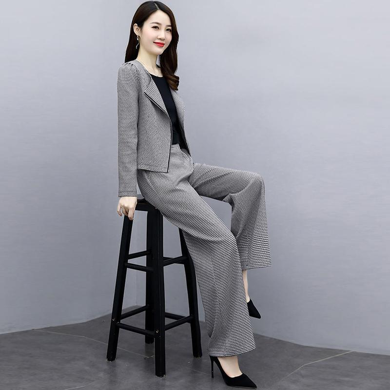 Set Autumn Plaid Trousers Fashion Casual Temperament Houndstooth Short Coat Two-piece Suit Women