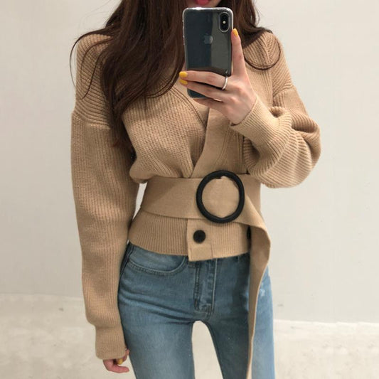 Vintage V-neck Slim Cardigan Sweater Women's Short Loose Knit Sweater Short Cardigan Coat with Belt