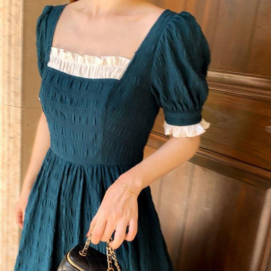 Female Vintage High Waist Super Fairy Holiday Dress Elegant Slim Puff Sleeve Long Pleated Party Dress