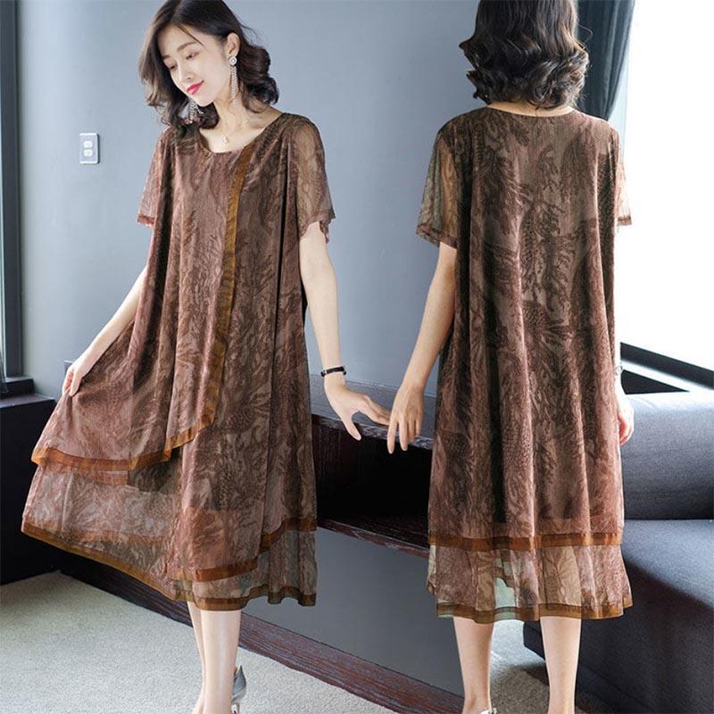 Retro Mesh Stitching Dress Women's Loose Large Size Mid-length Summer Chiffon Skirt