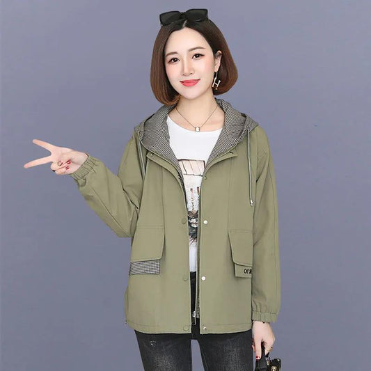 Women's Spring and Autumn Windbreaker Coat Loose Hooded Jacket Short Workwear