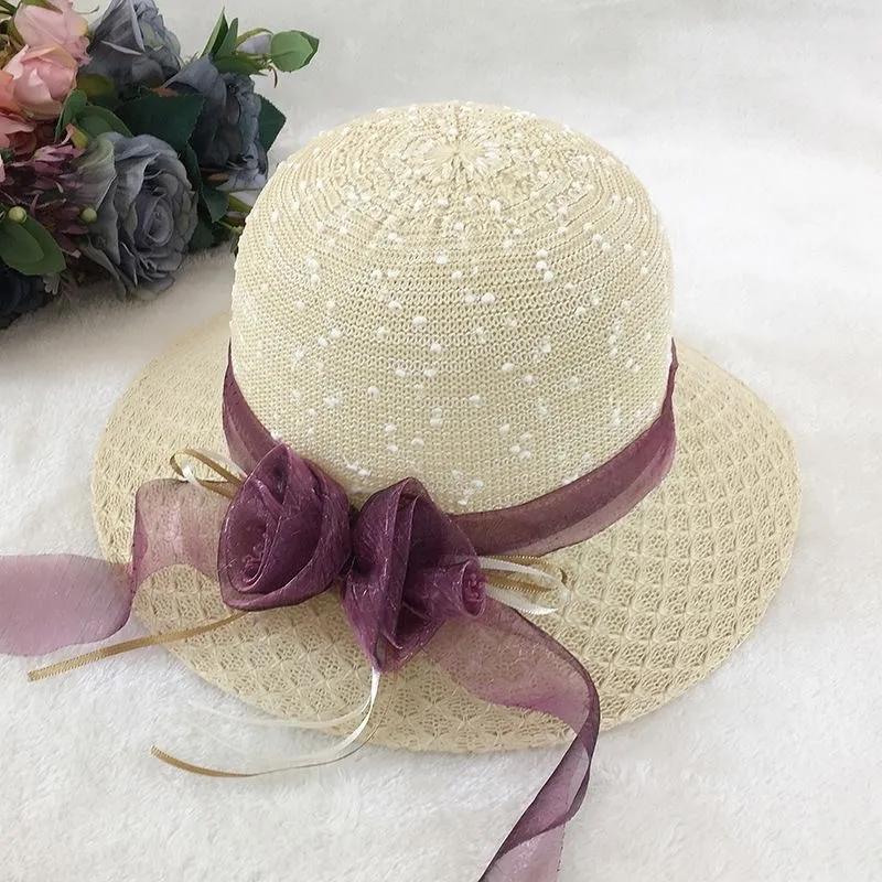 Women's Sun Cap Summer Flower Ribbon Bow Straw Hat Sunscreen Hollow Out Beach Holiday Vacation Anti-UV Hat All-match Sun Hat