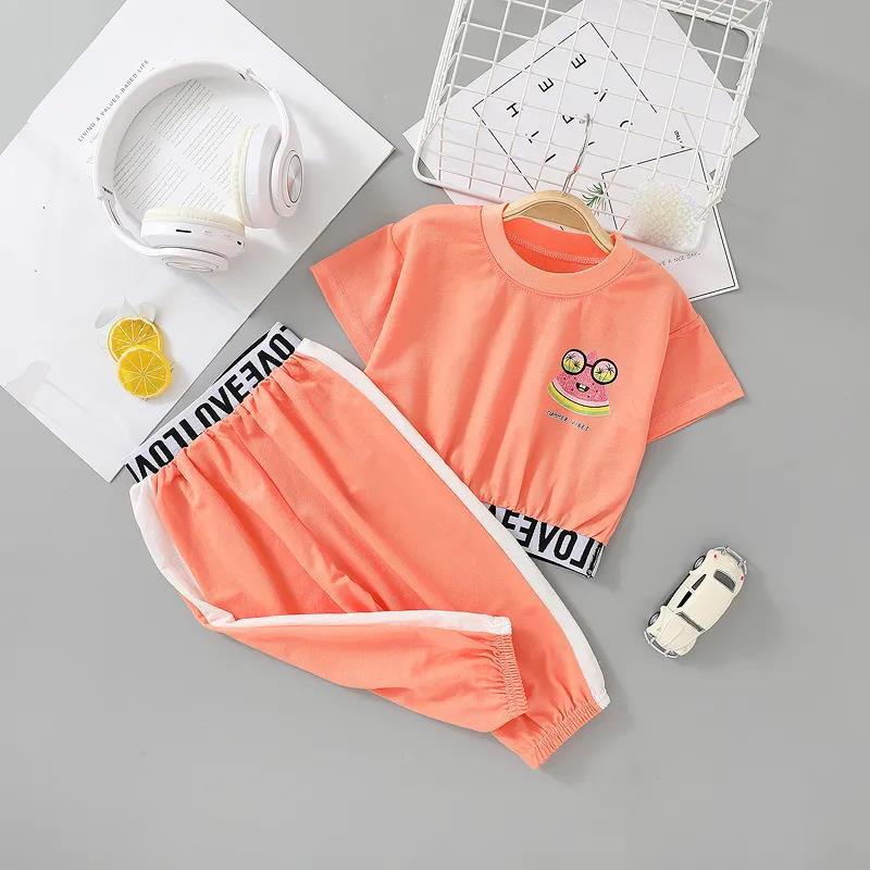 2PCS Children Clothing Set Spring Summer Girls Suits Printing Letter Watermelon Short Sleeve Tops + Pants Clothing Set