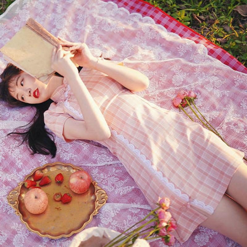 Pink Cheongsam Can Be Worn Daily In Summer Young Girl Sweet Plaid Modified Version Dress