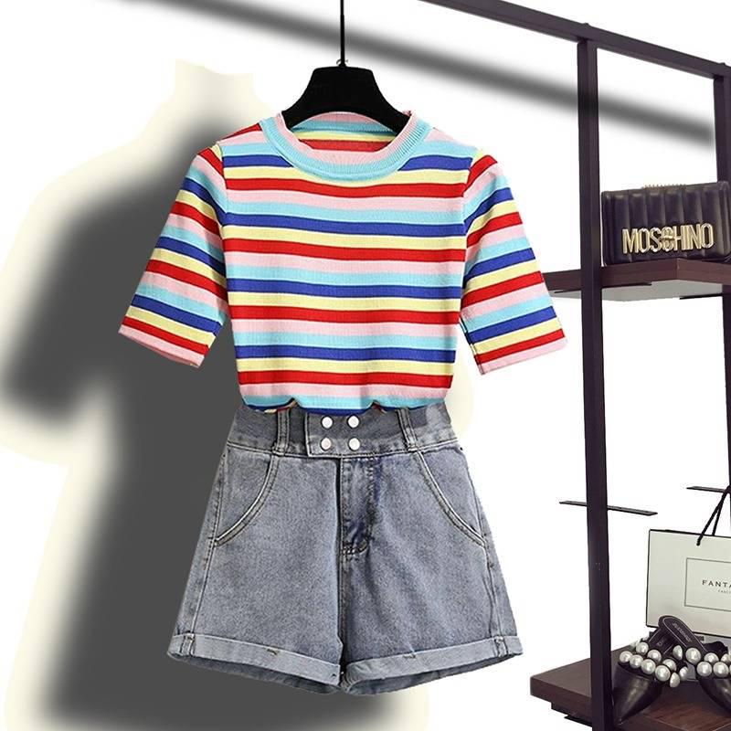 Shorts Set Summer Elastic Rainbow Stripe T-shirt Denim Shorts Two-piece Women's T-shirt Set