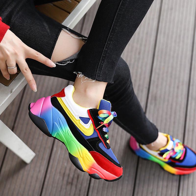 Daddy Shoes Women's Thick Bottom Increased Rainbow Shoes Students Korean Version of Wild Mesh Running Sports Shoes