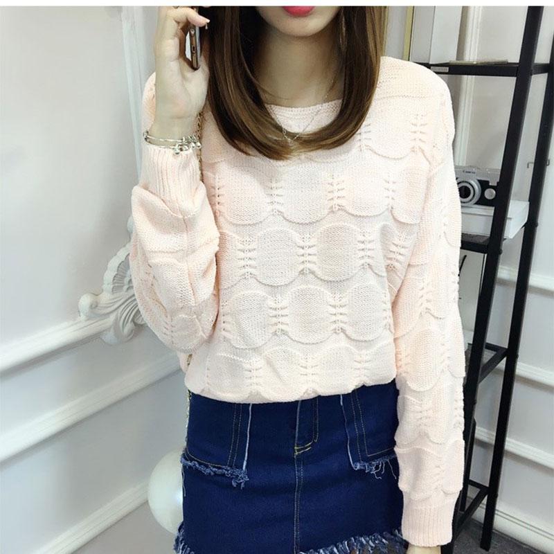 Spring and Autumn Women's Round Neck Loose Short Sweater Fashion Long-sleeved Solid Color Sweater