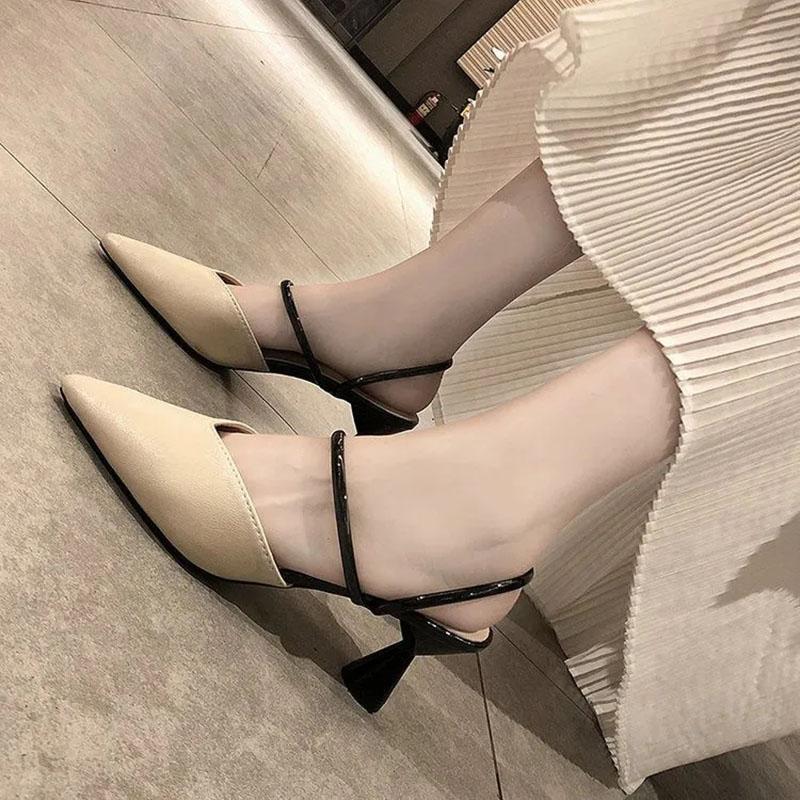 Baotou Half Slippers Women's Summer Fashion Outer Wear Striped Versatile Slippers Two Wear Pointed Toe High Heels Thick Heels Fitting Shoes Trend