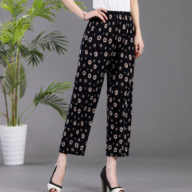 Summer Women's Ice Silk Pants Loose Large Size Flower Pants Elastic Waist Casual Cropped Pants Leggings