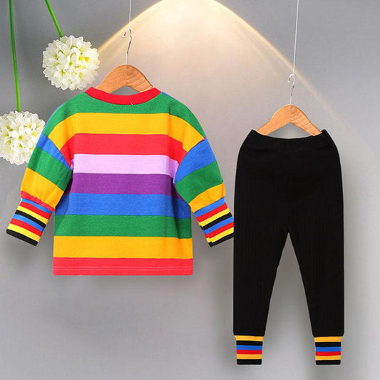 Girl's Suit Autumn Korean Version of The Baby Girl Rainbow Casual Suit Child Western Style Striped Two-piece Suit