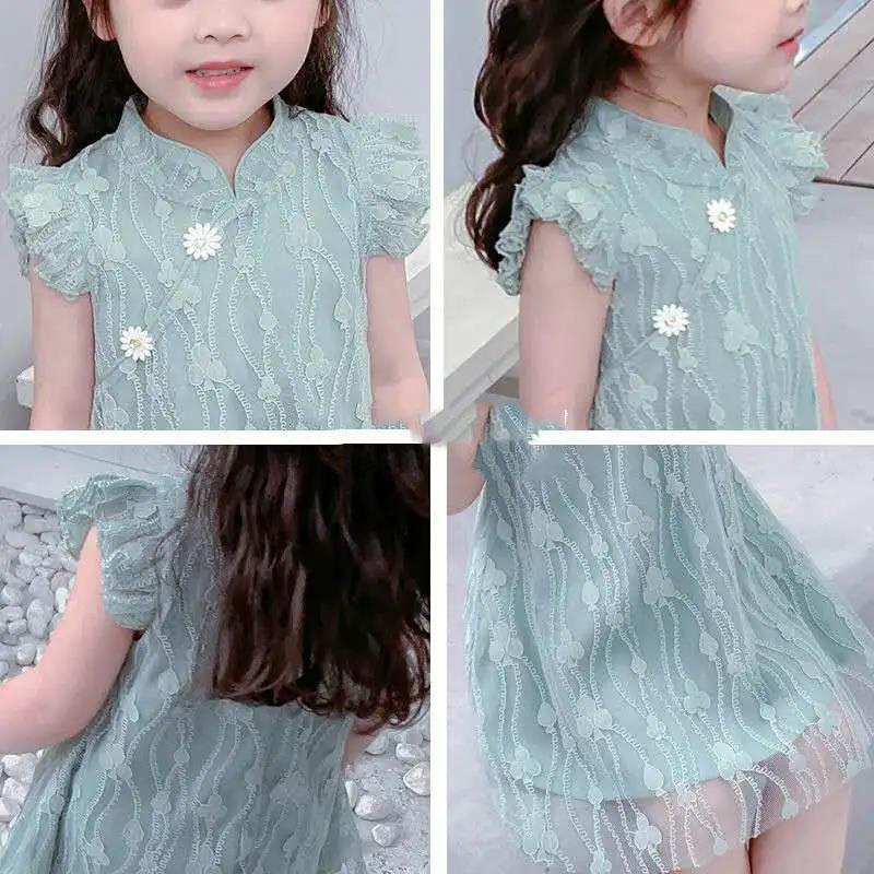 Girls Summer Sleeveless Dress Hanfu Princess Dress Guzheng Lace Skirt Chinese Style Baby Costume Sweet Dress