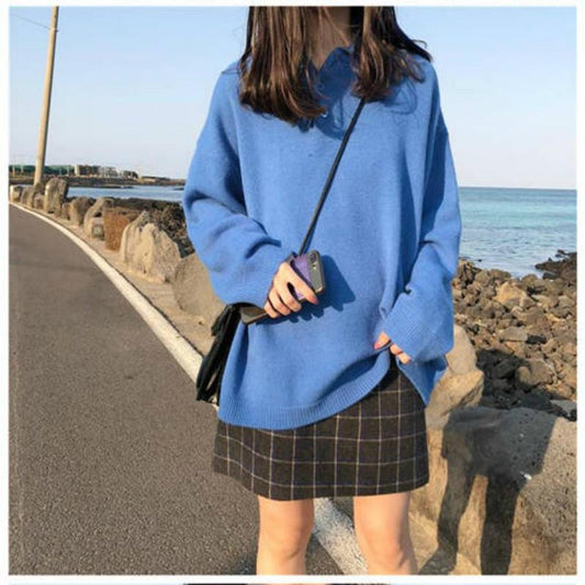 Pofulove Autumn Winter Mid-length Sweater Loose Solid Color POLO Collar Sweater Jacket Female