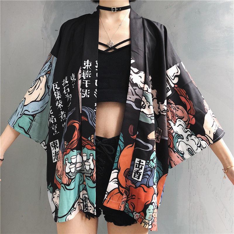 Comic Print  Cardigans Japanese Kimono Cardigan Woman Thin College Streetwear Sunscreen Clothes Kimono Coat