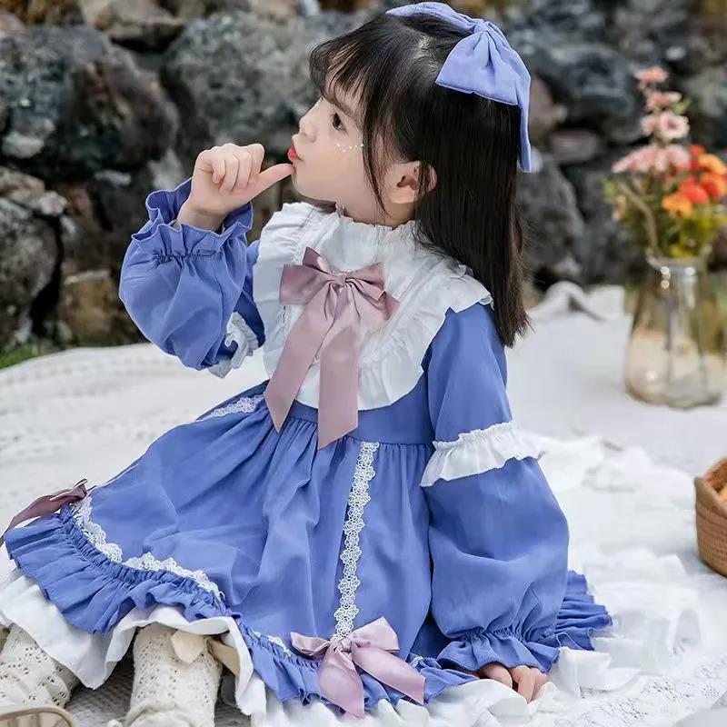 Girls Dress Lolita Children's Princess Dress Sky Blue Stitching Cute Little Girl Sweet Tutu Skirt Vintage Lace Dress