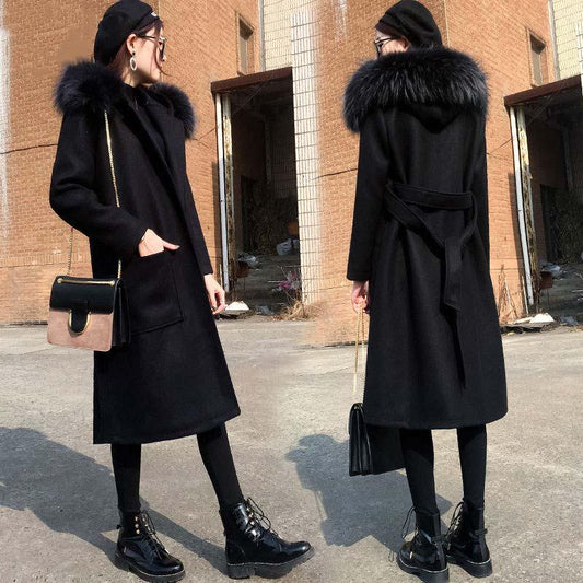 Autumn Winter Coat Cashmere Trench Jacket Women Casual Black Coat with Hooded Warm Pocket Jackets