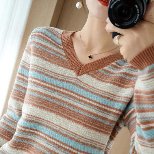 Autumn and Winter Color Matching Sweater Loose Large Size V-neck Top Fashion Knitted Women's Bottoming Shirt