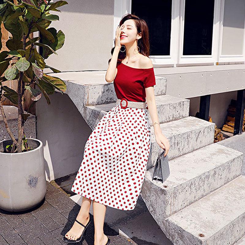 Pofulove Women Summer T Shirt Set Off Shoulder T-shirt High Waist Polka Dot Skirt 2piece Sets