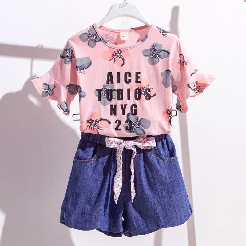 2PCS Children Clothing Set Spring Summer Girls Suits Printing Letter Short Sleeve Tops + Pants Clothing Set