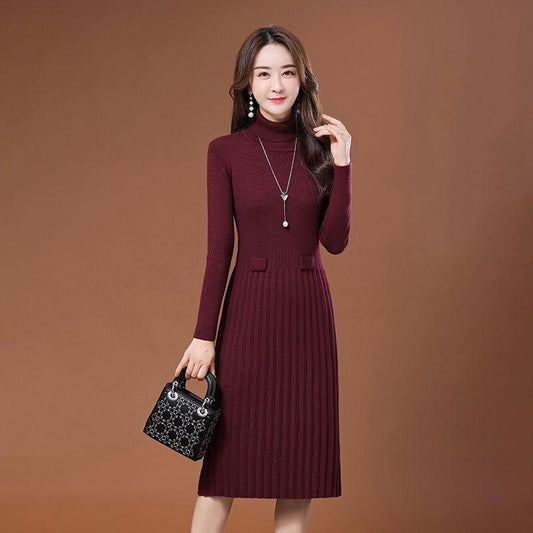 Autumn and Winter Pullover Turtleneck Sweater Skirt Mid-length Solid Color Casual Bottom Skirt Waist Knitted Women Sweater Dress