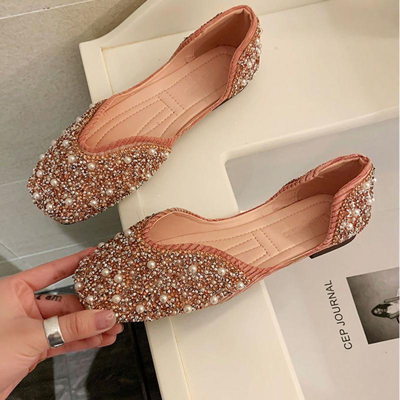 Single Shoes Women Spring and Summer Korean Version of Square Toe Flat Pearl Rhinestone Grandma Shoes Soft Sole