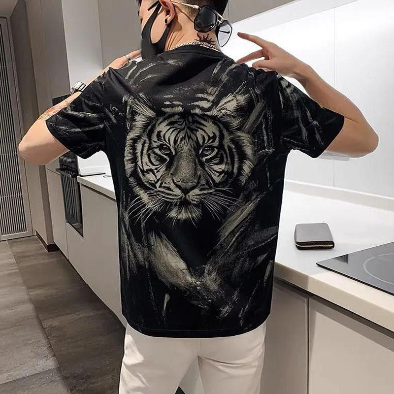 3D Tiger Print T-shirts High Street Diamond Glitter Trendy Personality Tees Summer O-neck Short Sleeve Casual Shirt Soft Tops