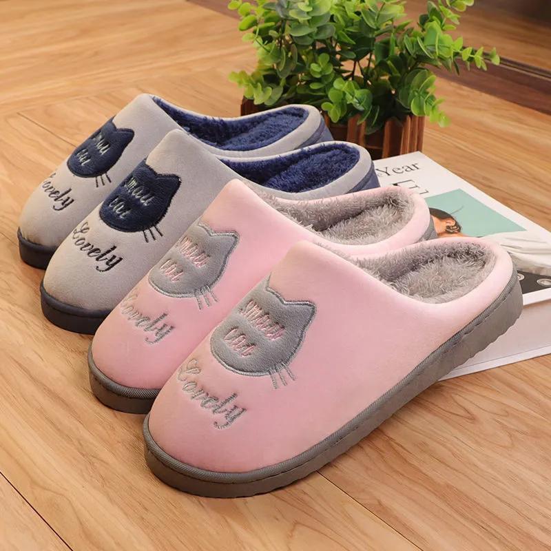 Women Slippers Pink Cute Cat Thick Fleece Warm Home Indoor Couples Plus Size Cotton Shoes Men Blue Slippers Non Slip