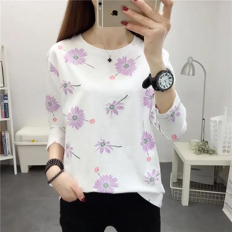 Spring and Autumn Printed Bottoming Shirt Women's Long-sleeved Mother T-shirt Loose Round Neck Top Women