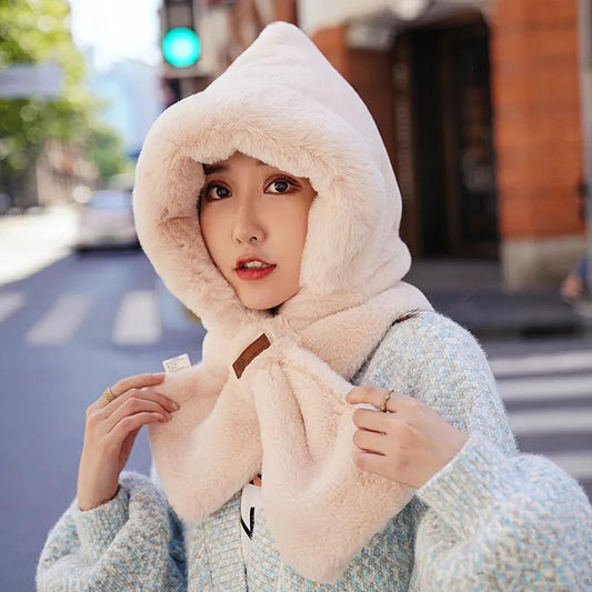 Women's Hat Scarf Set Winter Cute Bow Windproof Hat Cold Proof Warm All-match Plush Padded Collar Ear Protection Solid Bib Cap Set