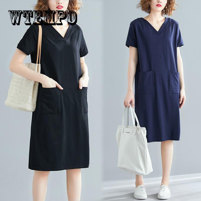 2019 Women Elegant O Neck Half Sleeve Pocket Loose Party Dress Half Sleeve Solid dresses robe femme