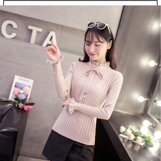 Autumn and Winter Pullover Korean Long-sleeved Slim Tops Simple Slim Young Women's Bottoming Shirt