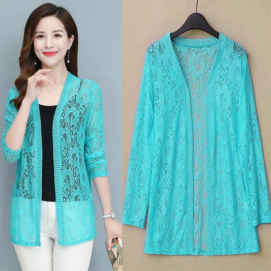 XL-5XL Spring and Summer Plus Size Women's Tops Mid-length Lace Cardigan Thin Coat Casual Long-sleeved Sun Protection Clothing