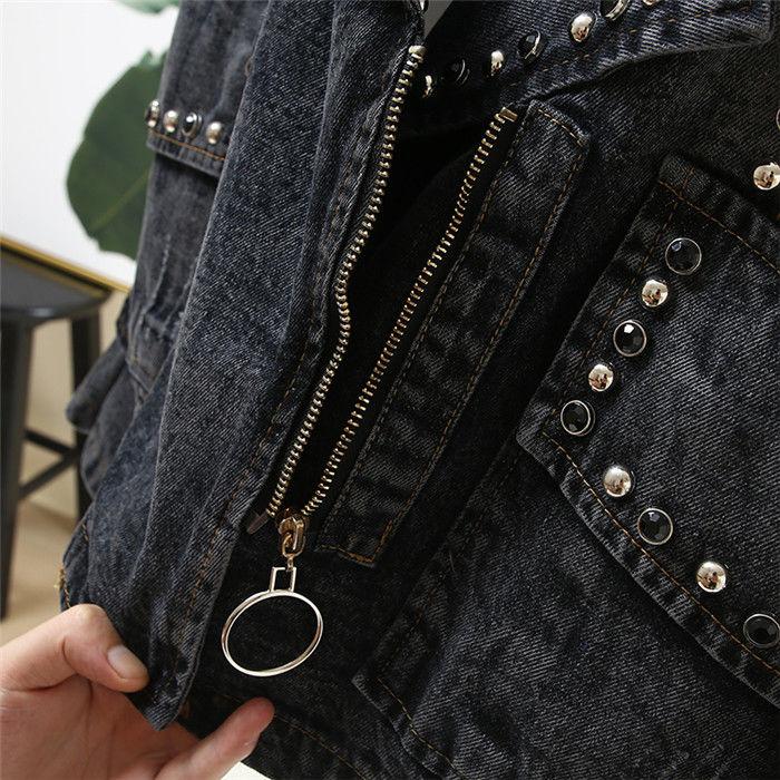 Spring and Autumn Korean Version Loose Large Size Student Beading Retro Motorcycle Denim Jacket Female Jacket