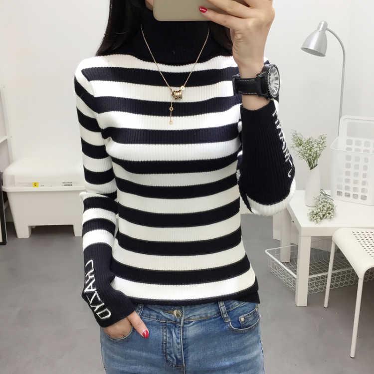 Turtleneck Sweater Women Pullover Stripe Knitted Ribbed Slim Jumper Autumn Winter Female Sweater