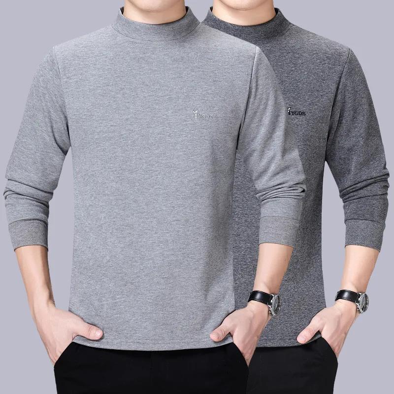 Autumn and Winter Long-sleeved Bottoming Shirt Plus Velvet Warm Pullover Half-high Collar Top Suitable for Middle-aged and Elderly Men