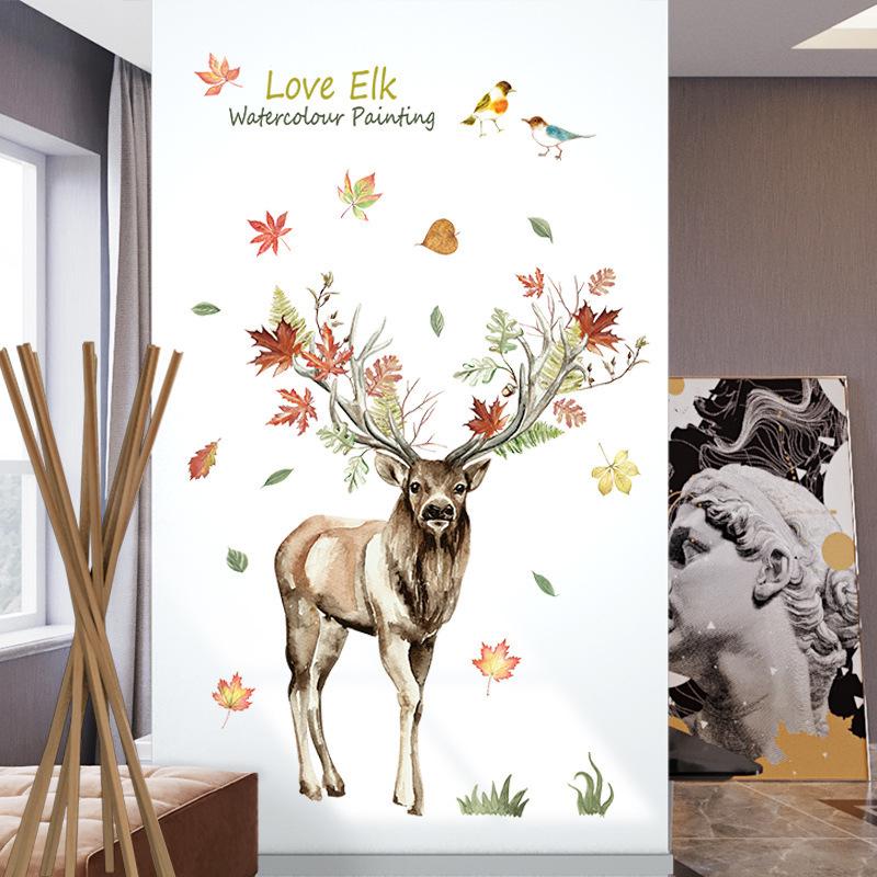 Nordic Elk Cartoon Wall Sticker Room Background Decoration Removable watercolour  painting wallpaper