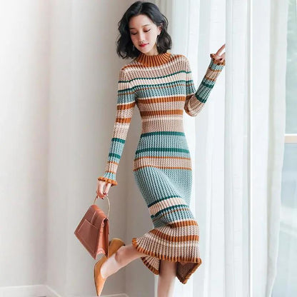 Mid-length Knitted Dress French Retro Dress Bottoming Turtleneck Sweater Dress Over The Knee 2021 Autumn and Winter Women