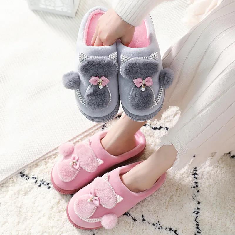 Winter Women's High-heeled Thick-soled Home Cotton Slippers Anti-slip Plush Slippers Confinement Shoes