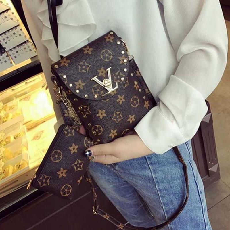 2piece Women's mobile phone bag coin purse retro printing Korean rivet small shoulder bag mini crossbody bag and clutch wallet