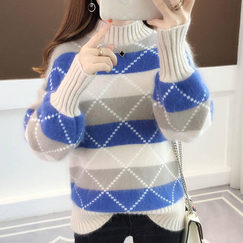 Pofulove Mohair Girly Lantern Sleeve Turtleneck Knitwear Skin-friendly Losse Plaid Pullover Sweater