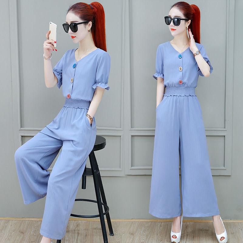 Wide-leg Pants Suit Chiffon Summer Casual Work Wear Loose Suit Women Short Top Loose Wide-leg Pants Fabric Light and Breathable