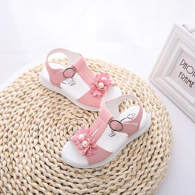 Girls Sandals Girls Summer Soft Sole Flat Beach Sandals Anti-slip Flowers and Beads Decoration Casual Princess Light Sandals