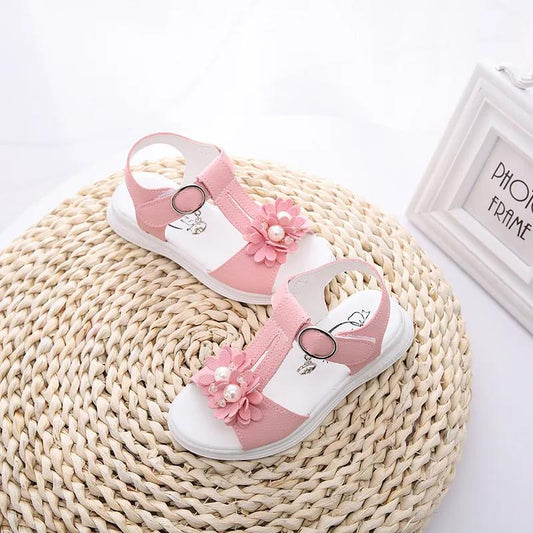 Girls Sandals Girls Summer Soft Sole Flat Beach Sandals Anti-slip Flowers and Beads Decoration Casual Princess Light Sandals