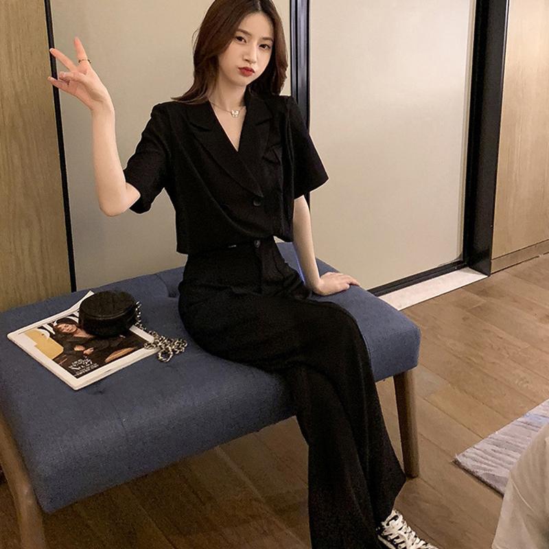 Summer Short Double-breasted Blouse with Wide Leg Trousers Suit Women's Casual Purple Two-piece Suit Women's Casual Suit Chiffon Fabric