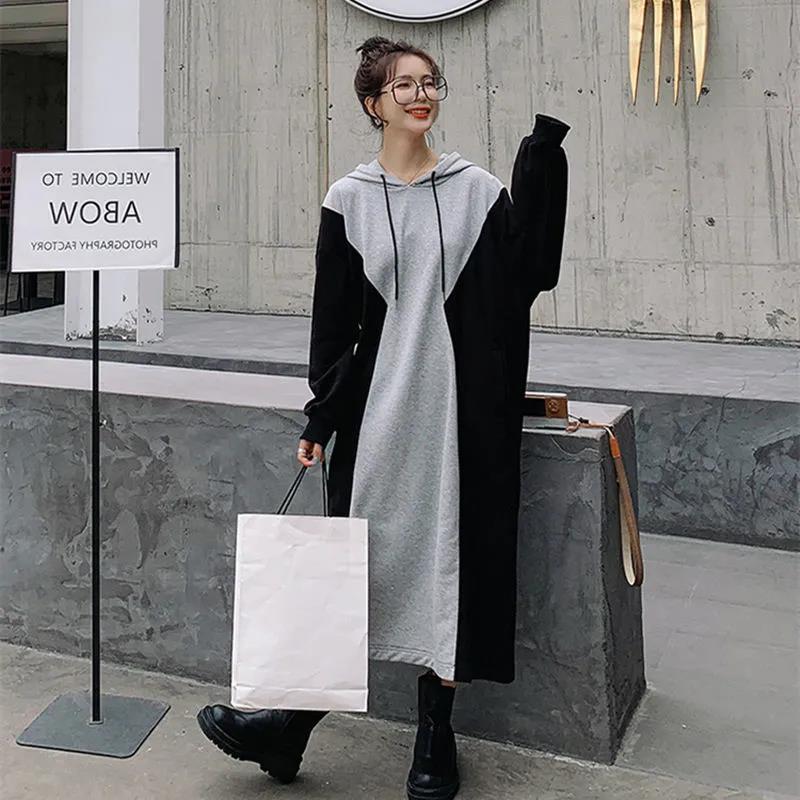 L-XXXXL Mid-calf Sweater Dress Women Spring and Autumn Plus Size Hooded Long Sleeve Loose Dress