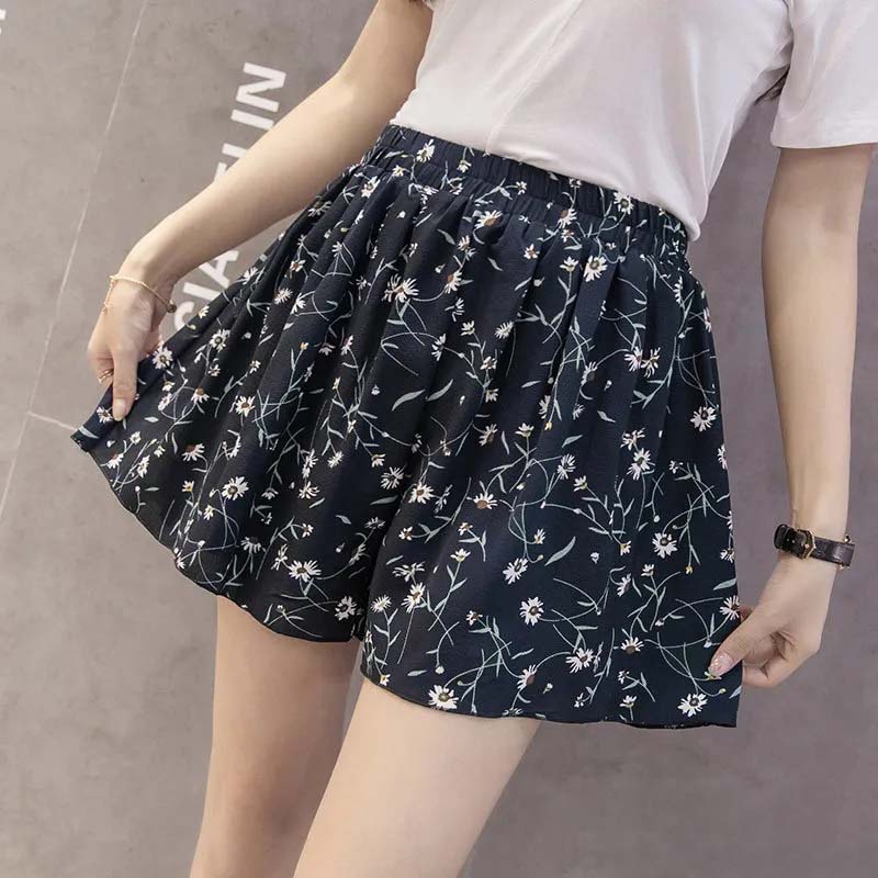 Flower Shorts Women Large Size Wide Leg Loose Printed Short Pants Casual Leggings High Waist Beach Pants Sweet Floral Print Chiffon Short Pants